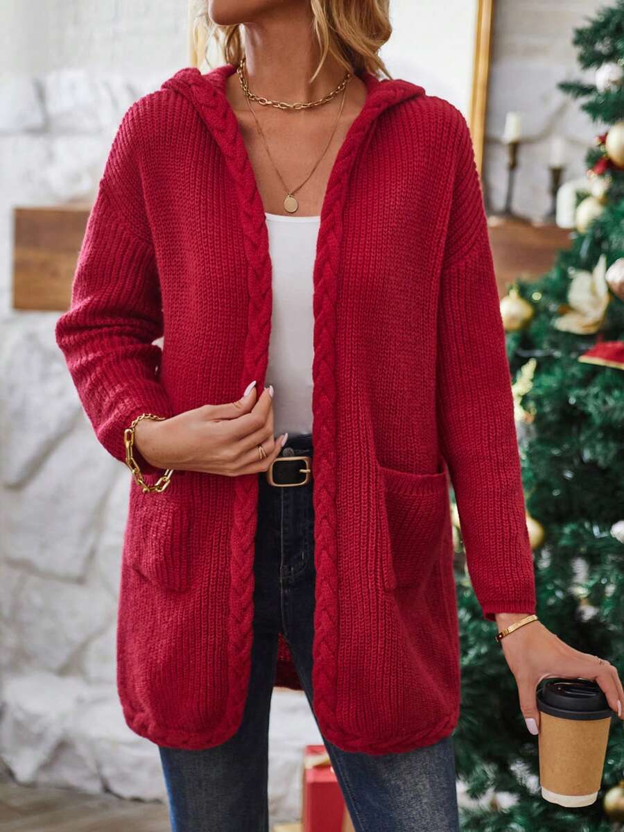 SHEIN LUNE Dual Pocket Drop Shoulder Hooded Duster Cardigan - Red - View 1