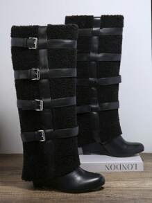 SHUZIA Fuzzy Buckled Knee-High Boots - Black - View 2