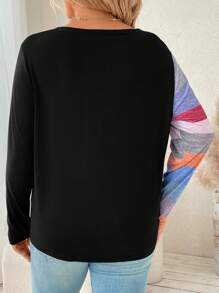 Flirla Große Größe T-Shirt mit Farbblock, Knopf vorne, - Schwarz - Übersicht 2