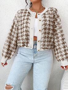 SHEIN Qutie 大碼千鳥格前排扣開襟衫 - 咖啡棕 - 查看 3