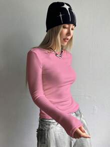 DAZY Solid Boat Neck Thermal Tee Long Sleeve Women Tops,Thermal Lined - Hot Pink - View 4