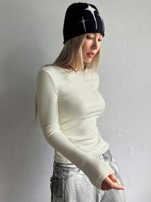 DAZY Áo thun nữ tay dài cổ tròn lót nhiệt trơn - Màu be - Xem 3