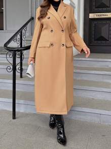 SHEIN Clasi Hơn Cổ áo Đôi ngực Chi tiết về Flap Áo khoác - màu nâu - Xem 1