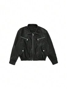 Men Zip Up PU Leather Jacket - Black - View 3