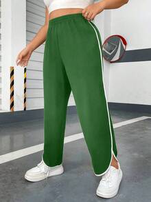 SHEIN MOOSTA 大碼撞色滾邊長褲 - 綠色 - 查看 5