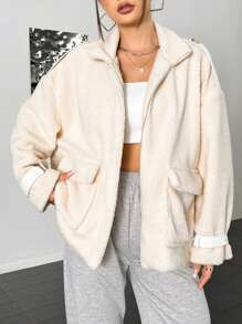 SHEIN Unity Regular Solid Color Wide Pocket Loose Plush Jacket - Beige - View 6