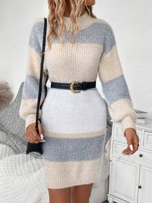 SHEIN Essnce Color Block Drop Shoulder Sweater Dress Without Belt - Multicolor - View 4