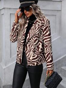 SHEIN LUNE 斑馬紋拉鏈開襟夾克 - 彩色 - 查看 5