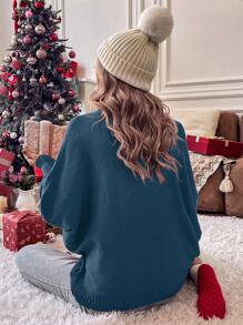 SHEIN Frenchy 字母植绒高领蝙蝠袖针织套头衫秋冬毛衣 - 藍色 - 查看 2