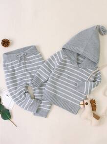 Baby Boy Striped Pattern Hooded Sweater & Knit Pants - Grey - View 1