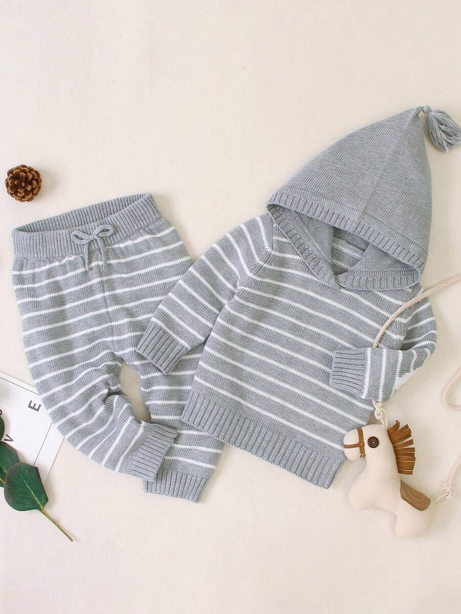 Baby Boy Striped Pattern Hooded Sweater & Knit Pants - Grey - View 1