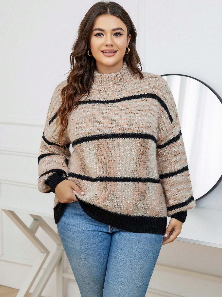 SHEIN LUNE Plus Striped Pattern Mock Neck Drop Shoulder Sweater - Khaki - View 1