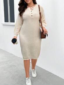 SHEIN LUNE Hơn Nút Nửa Thả vai Đầm Áo len - Màu be - Xem 1