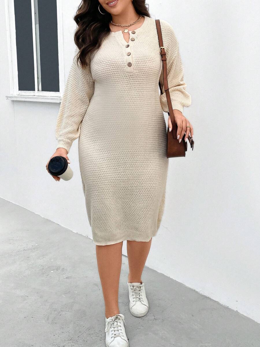 SHEIN LUNE Hơn Nút Nửa Thả vai Đầm Áo len - Màu be - Xem 1