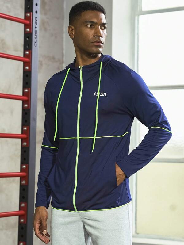 Gym Rark Boyfriend Style Men Letter Graphic Contrast Piping Drawstring Hooded Sports Jacket Workout Tops Sports Jacket