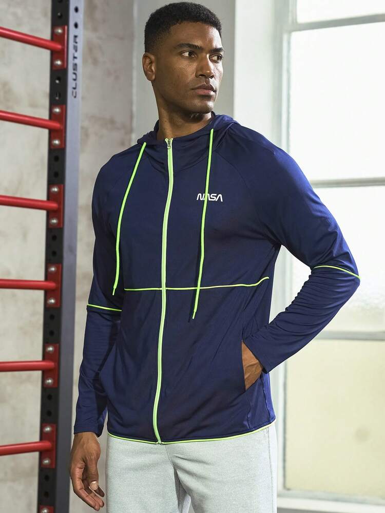 Boyfriend Style Men Letter Graphic Contrast Piping Drawstring Hooded Sports Jacket Workout Tops Sports Jacket