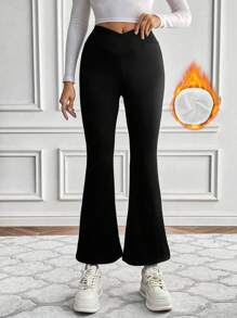 SHEIN LUNE Solid Flare Leg Thermal Pants - Black - View 1