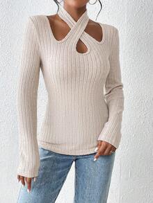 SHEIN Essnce 交叉繞頸條紋針織T恤 - 杏色 - 查看 3