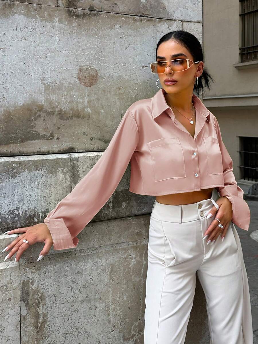 SHEIN PETITE Dual Pocket Cropped Shirt - Pink - View 1