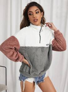 Muchica Embroidery Letter Colorblock Teddy Half Placket Pullover,Long Sleeve Tops In Fall/Winter - Multicolor - View 4