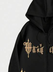 ROMWE MEN Street Life 男士火和字母圖案拉鏈開襟抽繩加絨內裏連帽衫 - 黑色 - 查看 4