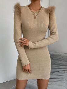 Chiquease Vestido de punto ribete lanudo tejido de canalé sin cinturón - Caqui - Ver 7