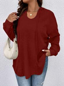 SHEIN LUNE Áo nỉ cổ rộng màu trơn dáng rộng - Màu Đỏ Sâu - Xem 4