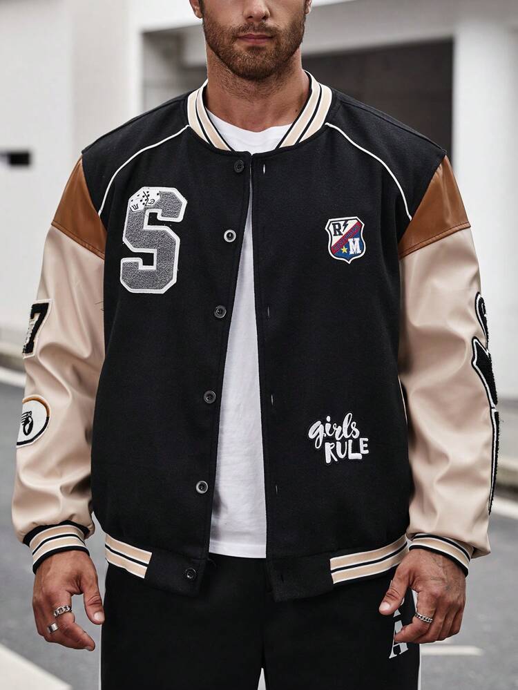 Men Plus 1pc Letter Graphic Colorblock Striped Trim Varsity Jacket