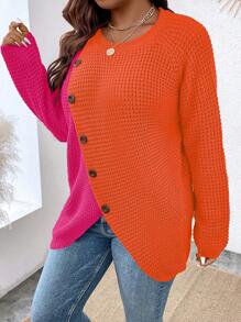 Calvaya Áo len chui đầu tay raglan phối hai tông màu, vạt áo bất đối xứng, chất liệu dệt kim, thích hợp cho mùa thu đông. - màu nâu - Xem 6