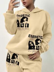 SHEIN Unity Letter Graphic Drop Shoulder Hoodie & Sweatpants - Apricot - View 3