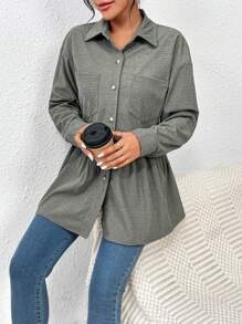 Chiquease Drop Shoulder Peplum Hem Coat - Dark Green - View 4