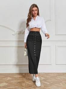 SHEIN Essnce Button Fly Dual Pocket Denim Skirt - Black - View 3