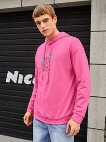 Manfinity VCAY Loose Fit Men's Cherry & Letter Graphic Drop Shoulder Hoodie With Drawstring, For Fall Winter - Red - View 4