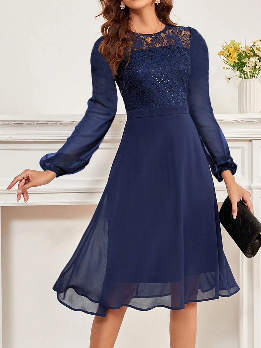 圓領長袖蕾絲拼接連衣裙 - 藏蓝色 - 查看 1