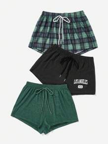 SHEIN 3pcs Plaid & Letter Graphic Drawstring Waist Lounge Shorts Sleep Shorts - Multicolor - View 3