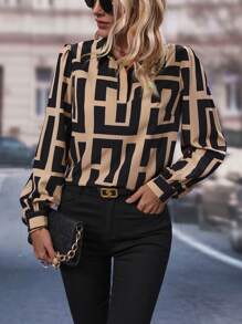 SHEIN Clasi Blusa con estampado total y mangas de farol, blusas de manga larga - Multicolor - Ver 5