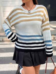 SHEIN Franclia Talla grande Jersey con patrón de rayas de hombros caídos - Multicolor - Ver 5