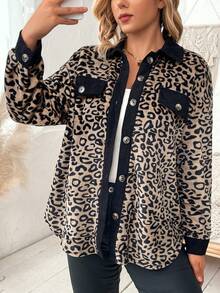 SHEIN Franclia 大碼豹紋印花落肩袖翻蓋細節拼接邊外套 - 紫紅色 - 查看 3