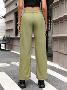 SHEIN EZwear Ladies' Flap Pocket Cargo Jeans - Army Green - View 2