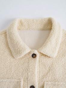 SHEIN Unity 翻蓋口袋落肩袖絨毛外套 - 杏色 - 查看 3