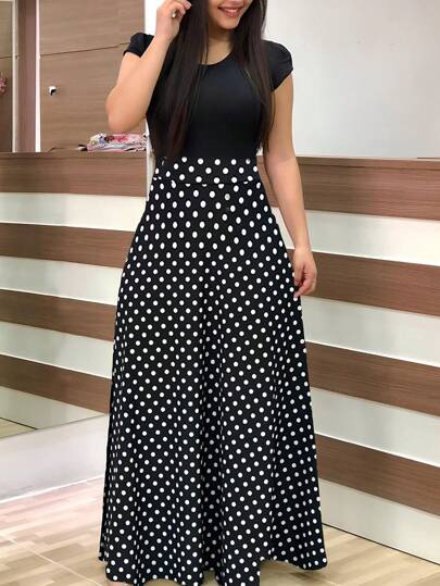 Abito a-line estivo elegante casual nero con stampa a pois