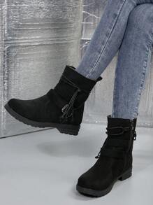 Side Zipper Buckle Strap Short Boots, Black - Black - View 5
