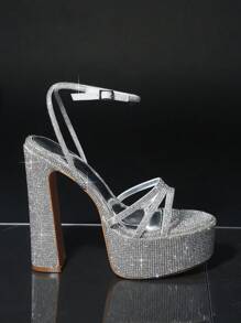 水鑽覆蓋踝帶防水台粗跟高跟鞋 - 銀色 - 查看 2