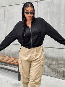 Flirla 加大码拉链落肩抽绳卫衣 - 黑色 - 查看 5