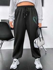 SHEIN MOOSTA 大碼愛心圖案腰部抽繩衛褲 - 黑色 - 查看 4