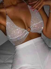 Chi tiết O-ring Không lưng Áo Crop Halter - trắng - Xem 1