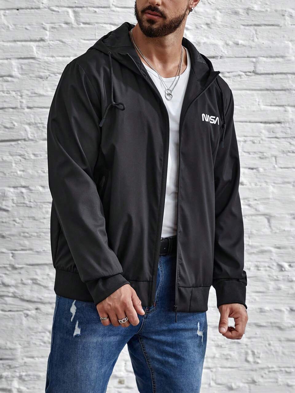 Men Plus Letter Graphic Zip Up Drawstring Hooded Jacket