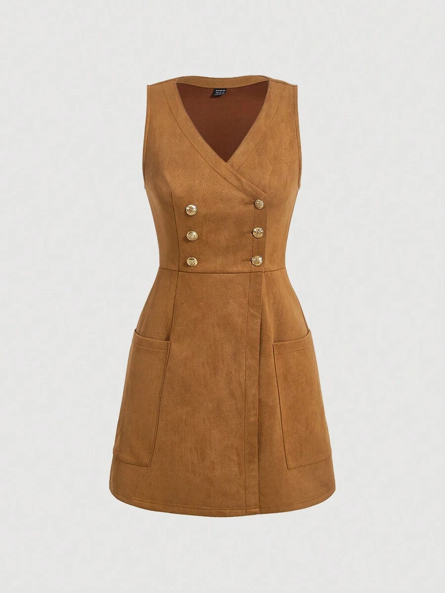 SHEIN MOD 雙排釦雙口袋洋裝無襯衫 - 棕色 - 查看 1