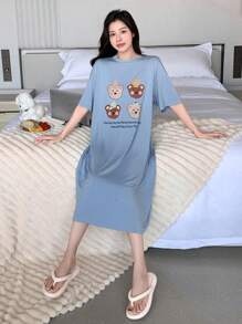 DAZY Bear & Slogan Graphic Drop Shoulder Lounge Dress Pajama