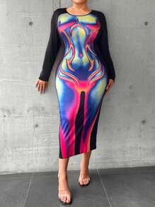 SHEIN Coolane Talla grande Vestido ajustado mapa de calor corporal con estampado - Multicolor - Ver 4